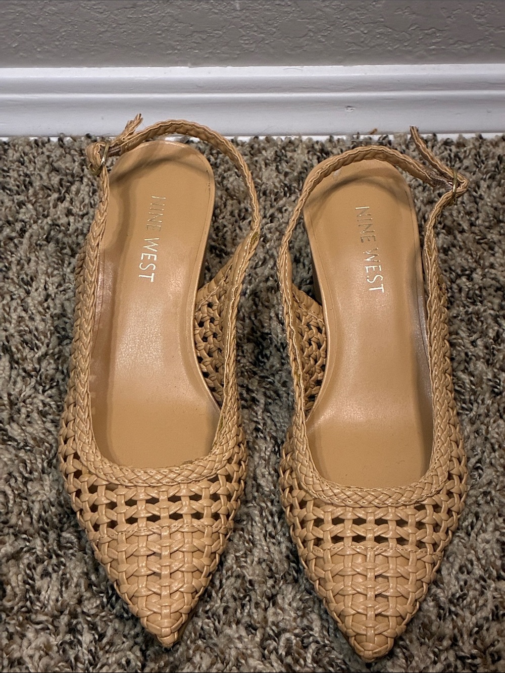 Nine West Tan Woven Slingback Pointed-Toe Mules